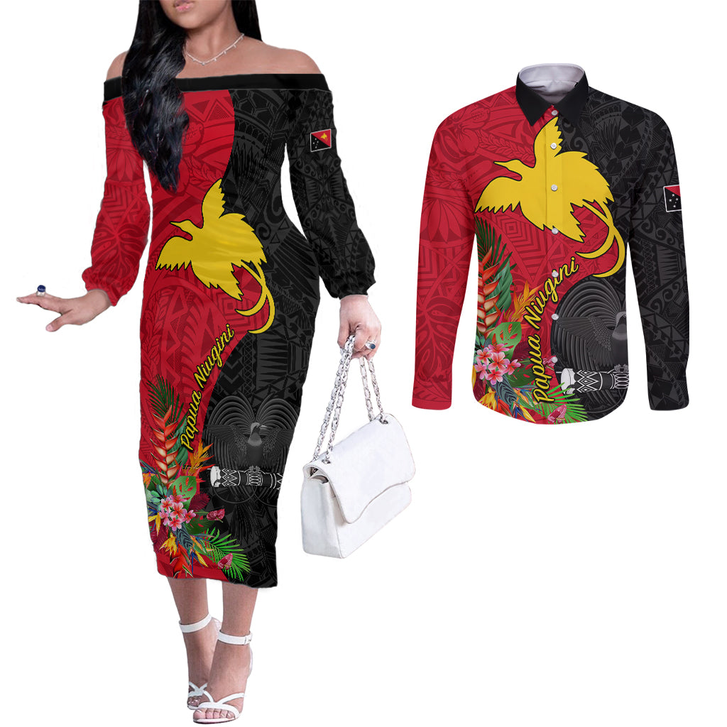 Custom Papua New Guinea Couples Matching Off The Shoulder Long Sleeve Dress and Long Sleeve Button Shirts Birds Of Paradise Mix Tropical Flower Polynesian Pattern LT03 Red - Polynesian Pride