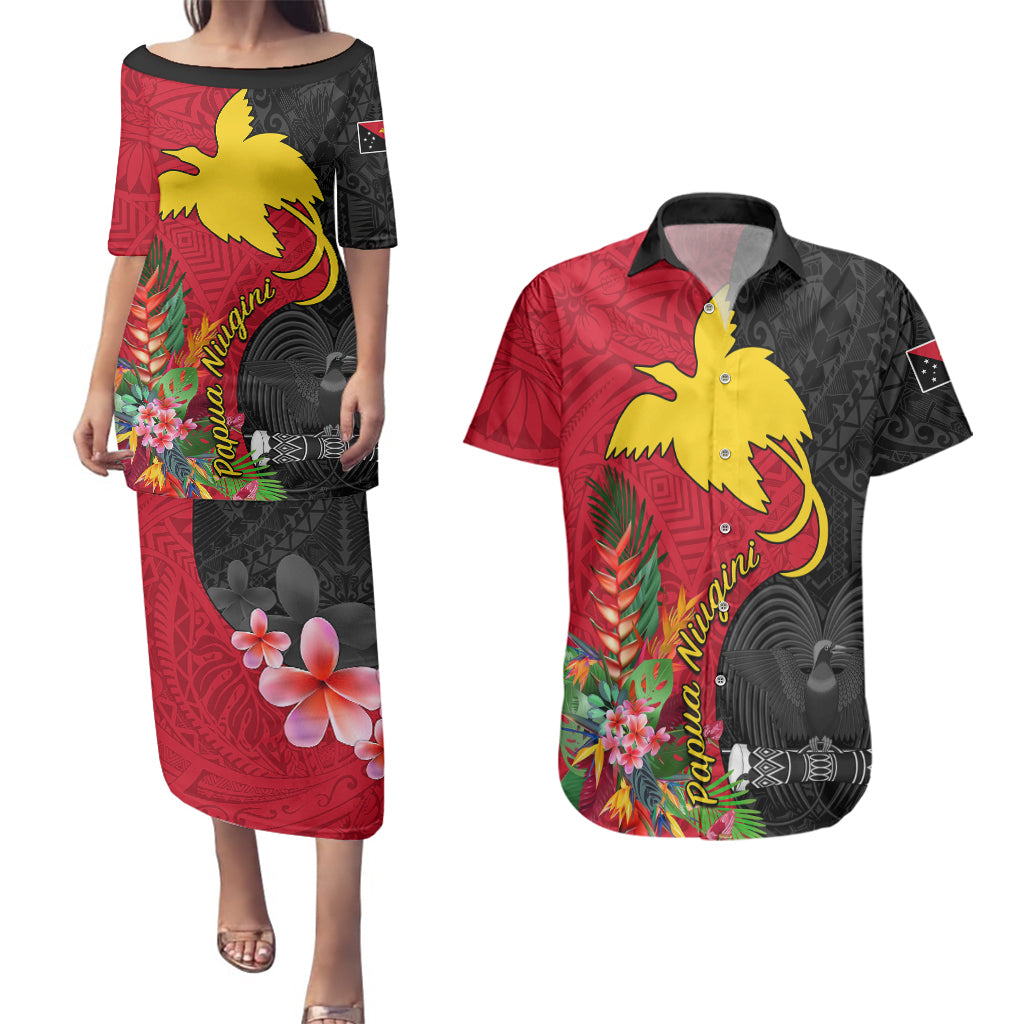 Custom Papua New Guinea Couples Matching Puletasi Dress and Hawaiian Shirt Birds Of Paradise Mix Tropical Flower Polynesian Pattern LT03 Red - Polynesian Pride