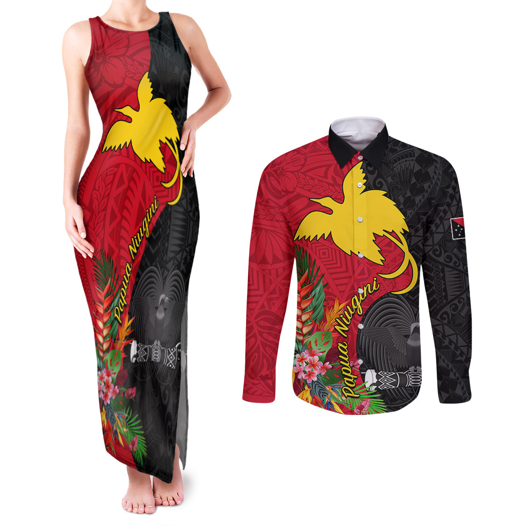 Custom Papua New Guinea Couples Matching Tank Maxi Dress and Long Sleeve Button Shirts Birds Of Paradise Mix Tropical Flower Polynesian Pattern LT03 Red - Polynesian Pride