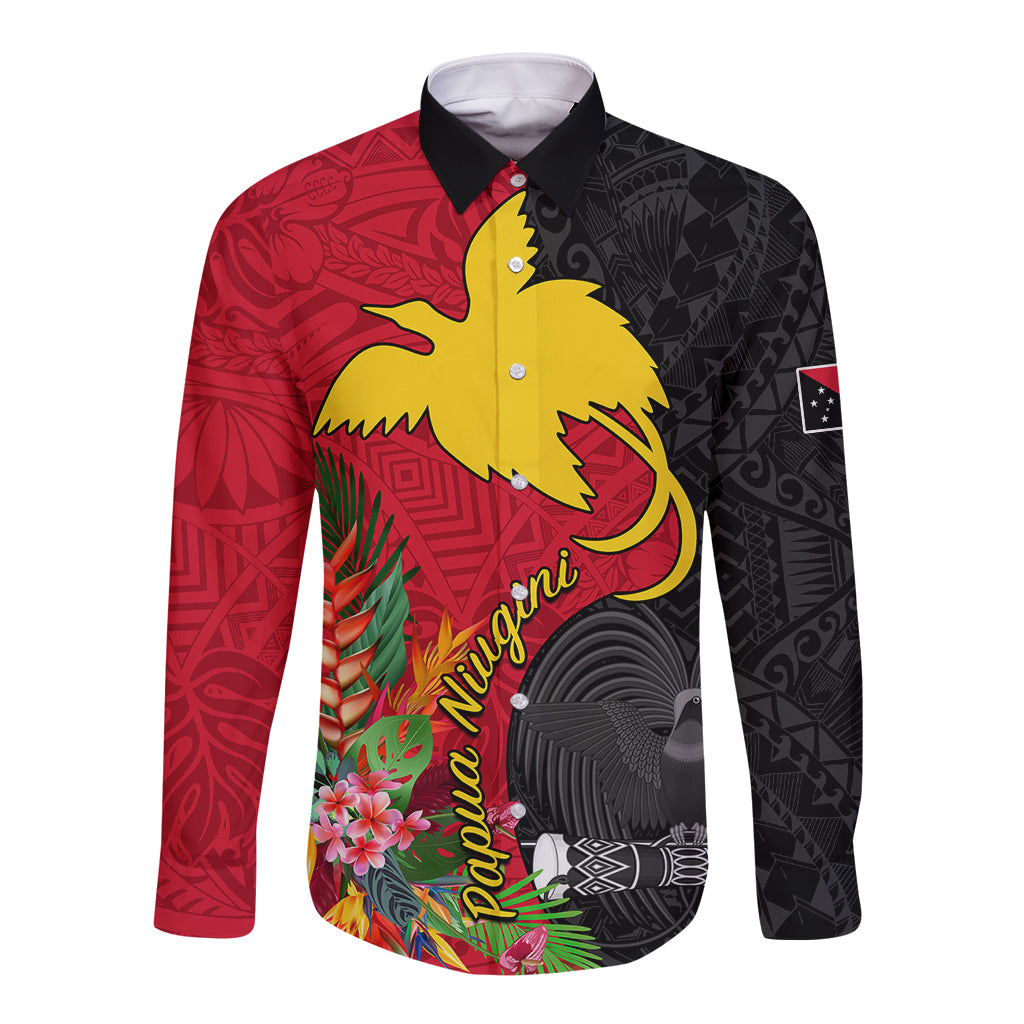 Custom Papua New Guinea Long Sleeve Button Shirt Birds Of Paradise Mix Tropical Flower Polynesian Pattern LT03 Unisex Red - Polynesian Pride