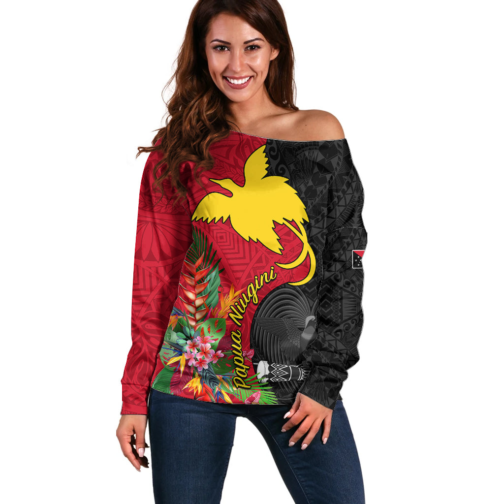 Custom Papua New Guinea Off Shoulder Sweater Birds Of Paradise Mix Tropical Flower Polynesian Pattern LT03 Women Red - Polynesian Pride