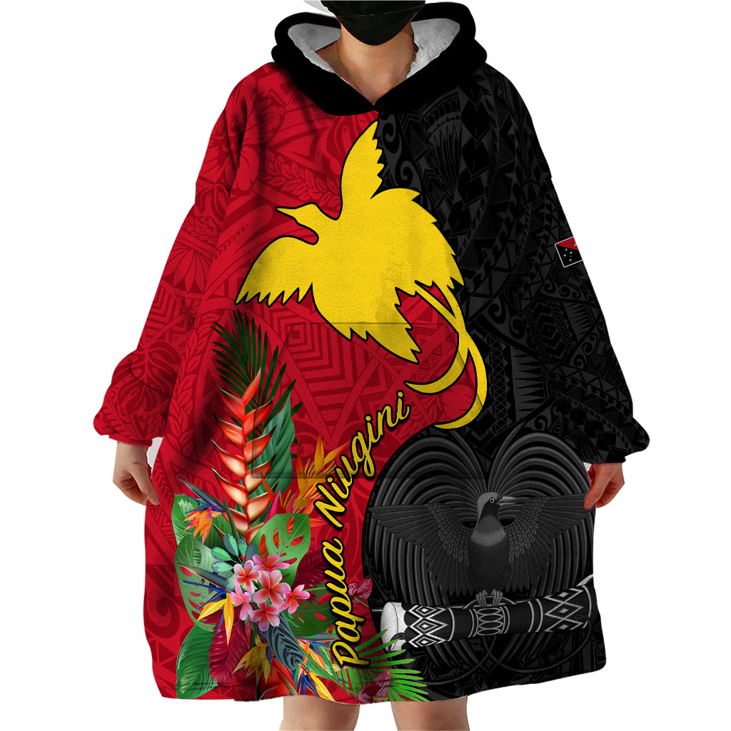 Custom Papua New Guinea Wearable Blanket Hoodie Birds Of Paradise Mix Tropical Flower Polynesian Pattern LT03 - Polynesian Pride