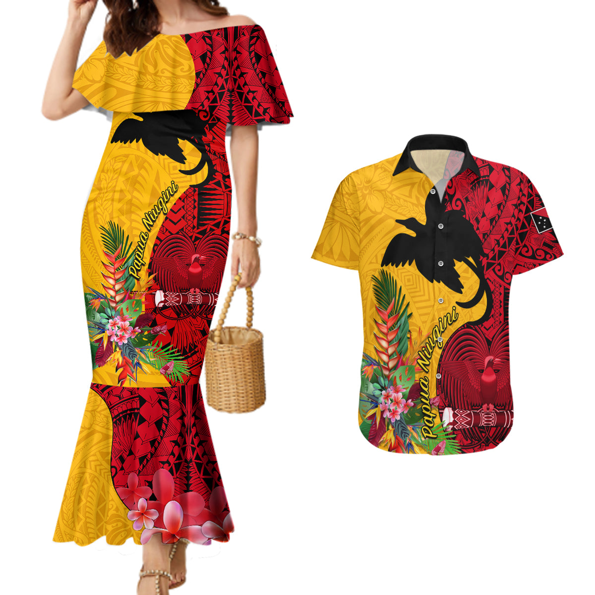 Papua New Guinea Couples Matching Mermaid Dress and Hawaiian Shirt Birds Of Paradise Mix Tropical Flower Polynesian Pattern LT03 Yellow - Polynesian Pride