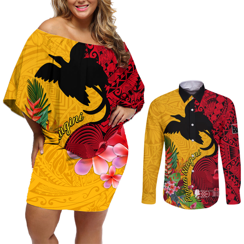Papua New Guinea Couples Matching Off Shoulder Short Dress and Long Sleeve Button Shirts Birds Of Paradise Mix Tropical Flower Polynesian Pattern LT03 Yellow - Polynesian Pride