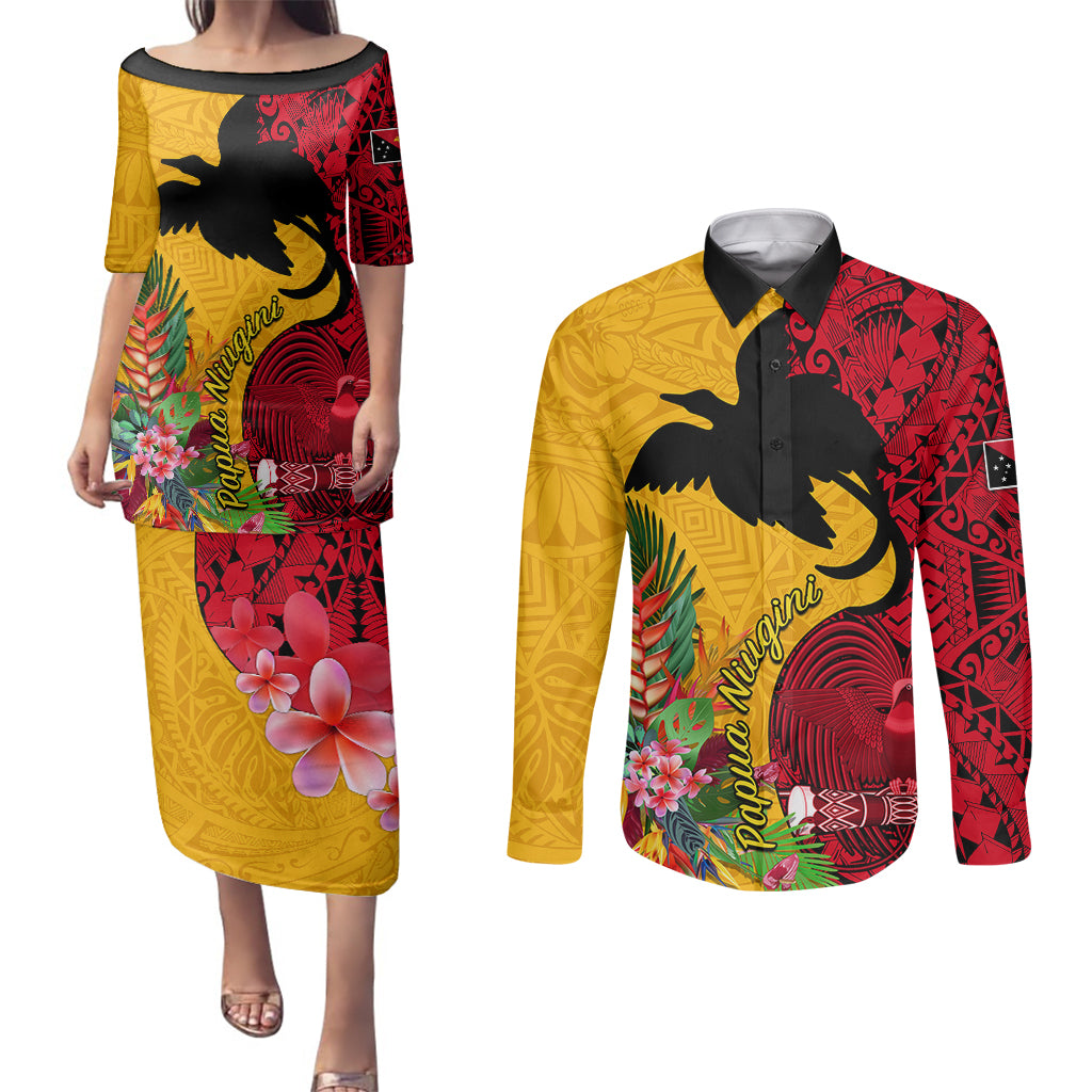 Papua New Guinea Couples Matching Puletasi Dress and Long Sleeve Button Shirts Birds Of Paradise Mix Tropical Flower Polynesian Pattern LT03 Yellow - Polynesian Pride