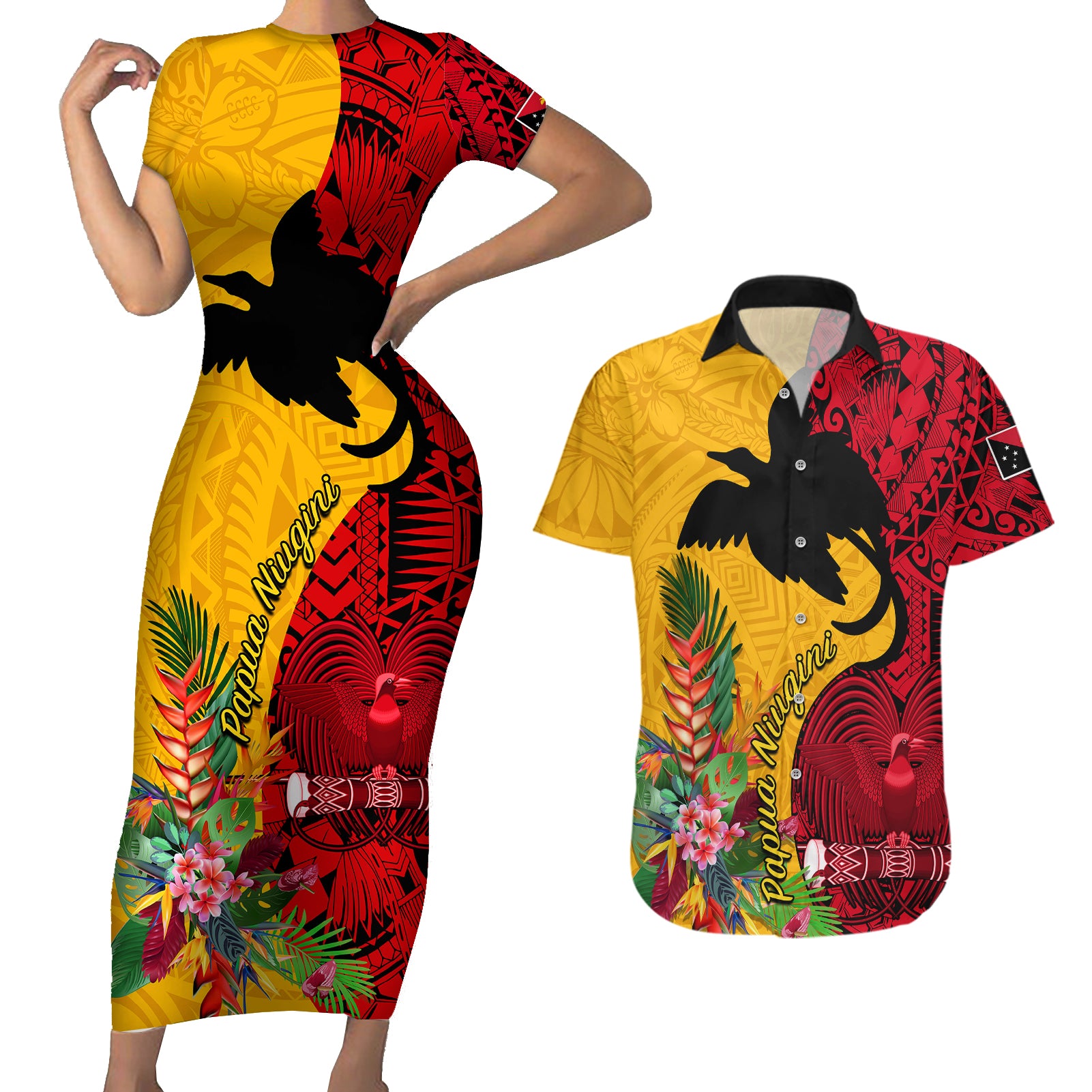 Papua New Guinea Couples Matching Short Sleeve Bodycon Dress and Hawaiian Shirt Birds Of Paradise Mix Tropical Flower Polynesian Pattern LT03 Yellow - Polynesian Pride