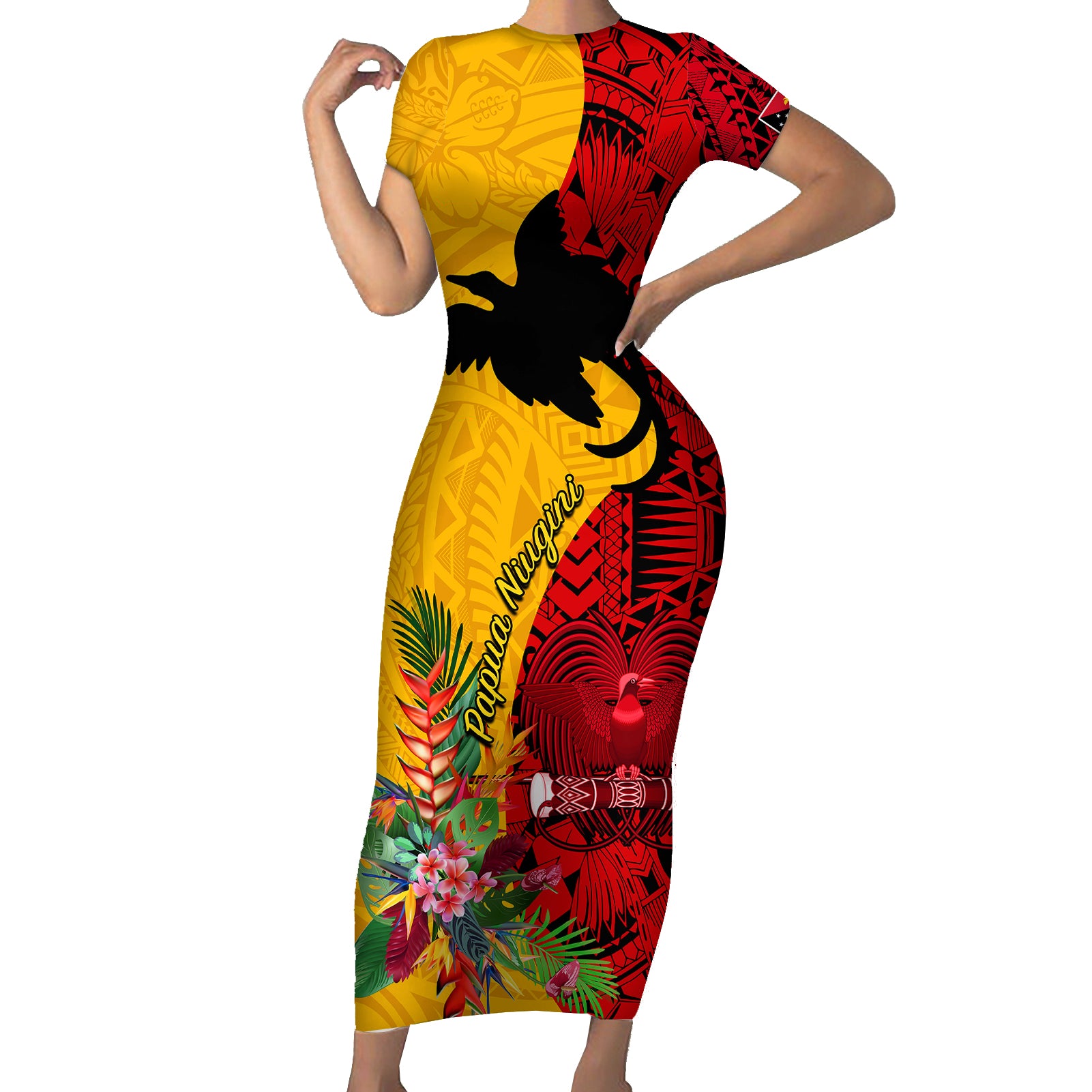 Papua New Guinea Short Sleeve Bodycon Dress Birds Of Paradise Mix Tropical Flower Polynesian Pattern LT03 Long Dress Yellow - Polynesian Pride