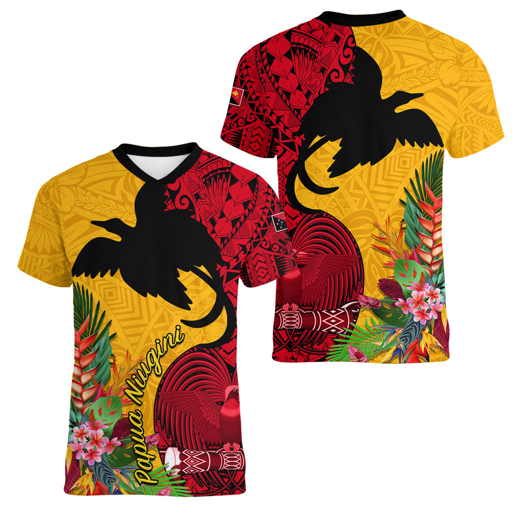 Papua New Guinea Women V Neck T Shirt Birds Of Paradise Mix Tropical Flower Polynesian Pattern LT03 - Polynesian Pride