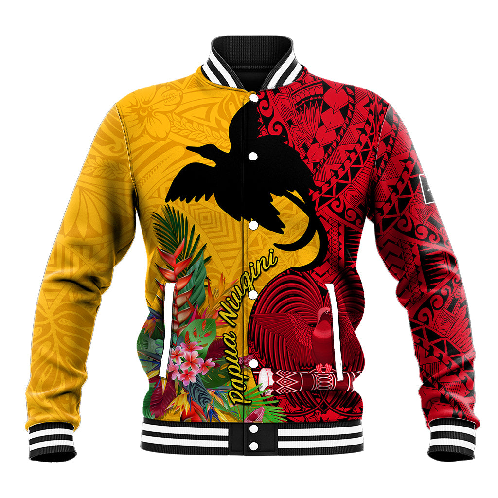 Custom Papua New Guinea Baseball Jacket Birds Of Paradise Mix Tropical Flower Polynesian Pattern LT03 Unisex Yellow - Polynesian Pride