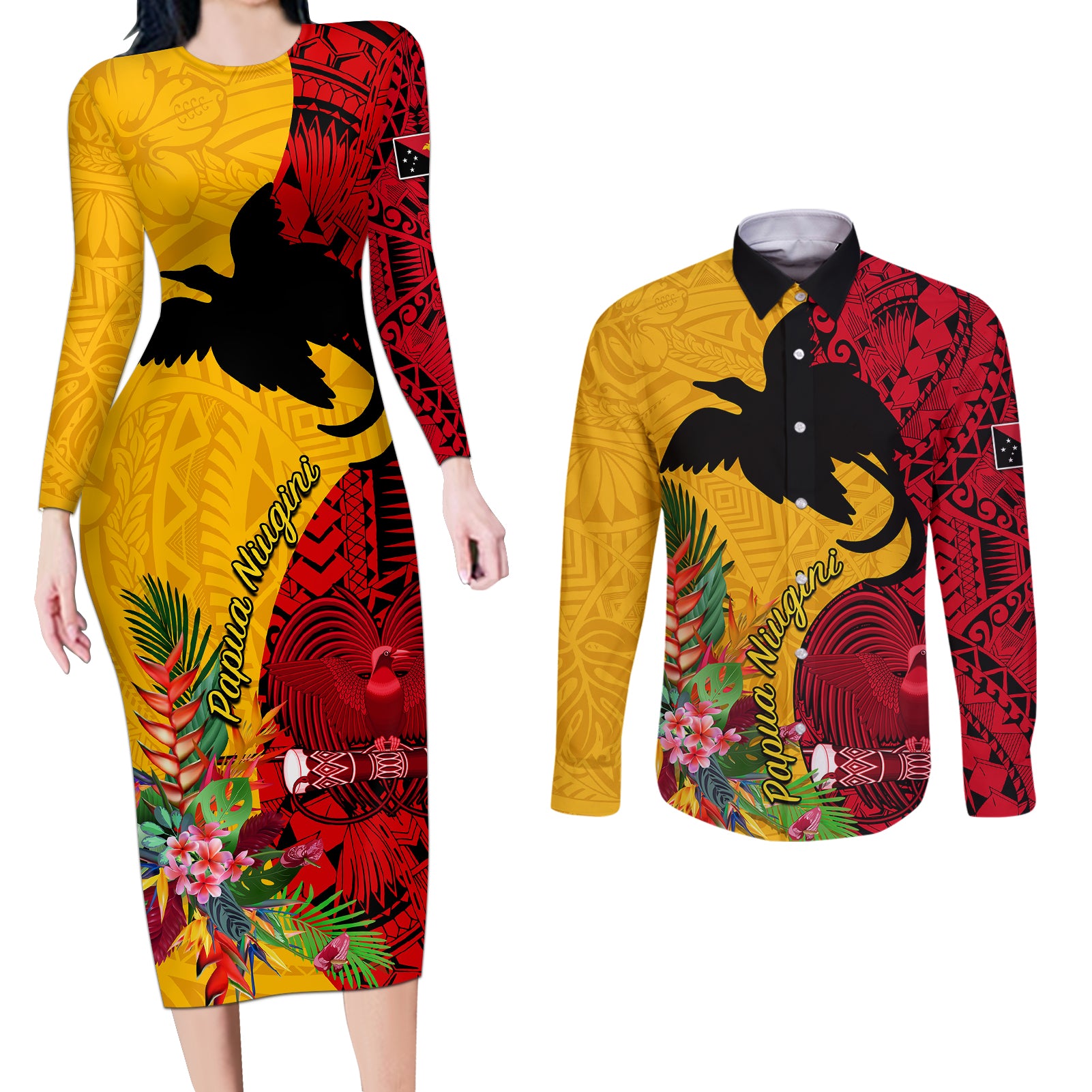 Custom Papua New Guinea Couples Matching Long Sleeve Bodycon Dress and Long Sleeve Button Shirts Birds Of Paradise Mix Tropical Flower Polynesian Pattern LT03 Yellow - Polynesian Pride