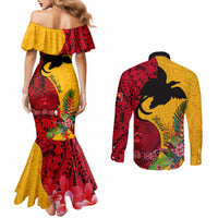 Custom Papua New Guinea Couples Matching Mermaid Dress and Long Sleeve Button Shirts Birds Of Paradise Mix Tropical Flower Polynesian Pattern LT03 - Polynesian Pride