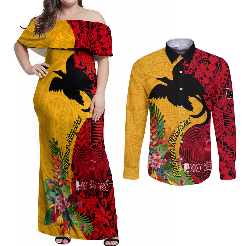 Custom Papua New Guinea Couples Matching Off Shoulder Maxi Dress and Long Sleeve Button Shirts Birds Of Paradise Mix Tropical Flower Polynesian Pattern LT03 Yellow - Polynesian Pride