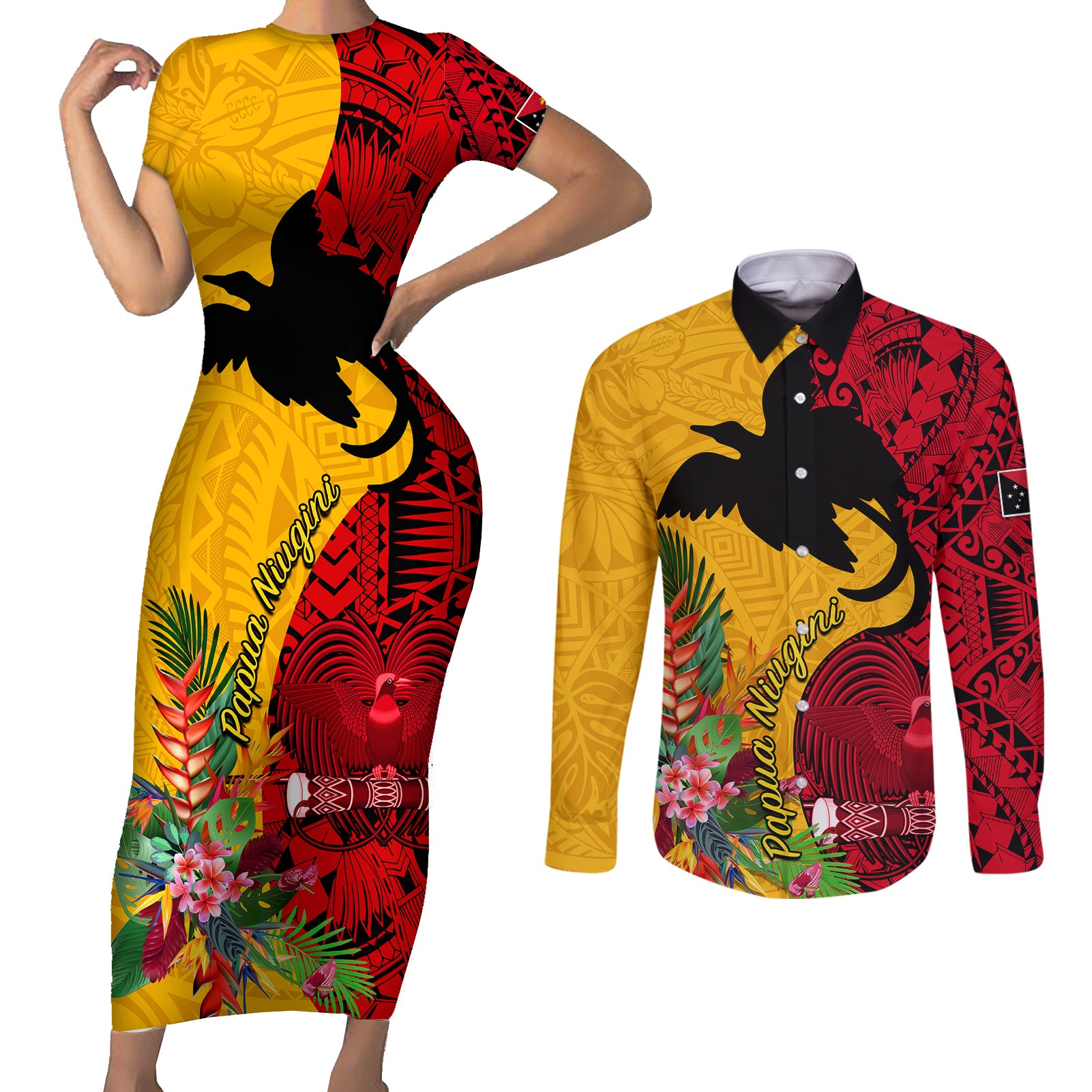 Custom Papua New Guinea Couples Matching Short Sleeve Bodycon Dress and Long Sleeve Button Shirts Birds Of Paradise Mix Tropical Flower Polynesian Pattern LT03 Yellow - Polynesian Pride