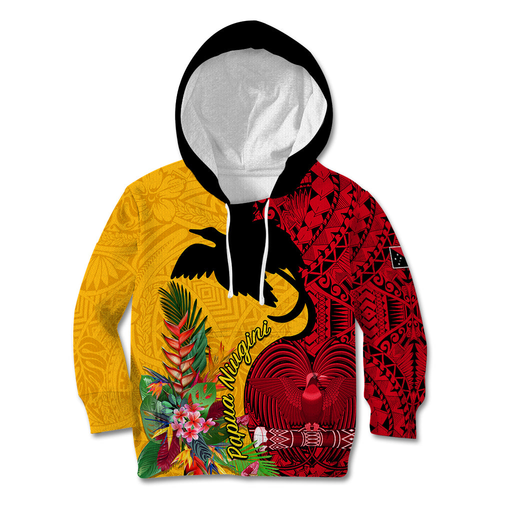 Custom Papua New Guinea Kid Hoodie Birds Of Paradise Mix Tropical Flower Polynesian Pattern LT03 Yellow - Polynesian Pride