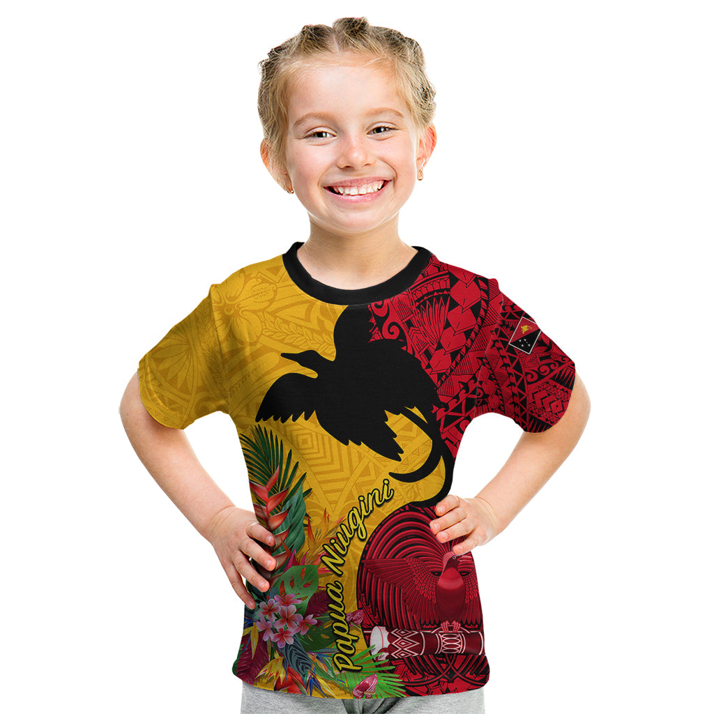 Custom Papua New Guinea Kid T Shirt Birds Of Paradise Mix Tropical Flower Polynesian Pattern LT03 Yellow - Polynesian Pride