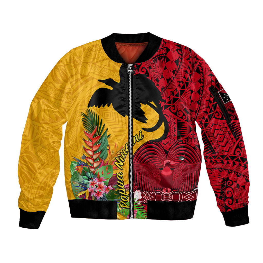 Custom Papua New Guinea Sleeve Zip Bomber Jacket Birds Of Paradise Mix Tropical Flower Polynesian Pattern LT03 Unisex Yellow - Polynesian Pride