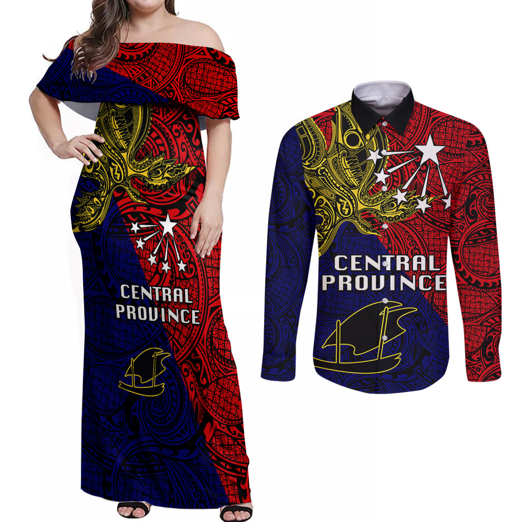 Papua New Guinea Central Province Couples Matching Off Shoulder Maxi Dress and Long Sleeve Button Shirts PNG Birds Of Paradise Polynesian Arty Style LT03 Red - Polynesian Pride