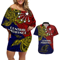 Papua New Guinea Central Province Couples Matching Off Shoulder Short Dress and Hawaiian Shirt PNG Birds Of Paradise Polynesian Arty Style LT03 Red - Polynesian Pride