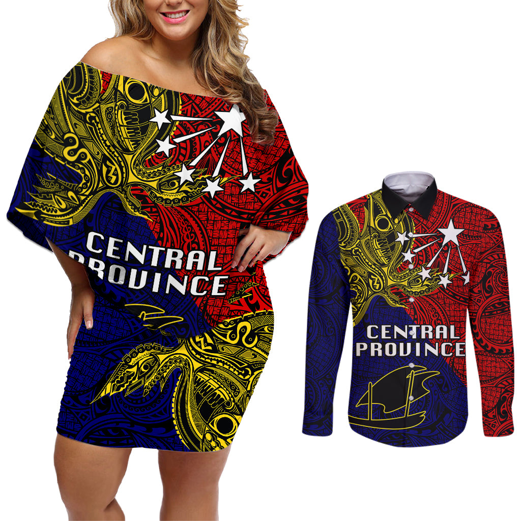 Papua New Guinea Central Province Couples Matching Off Shoulder Short Dress and Long Sleeve Button Shirts PNG Birds Of Paradise Polynesian Arty Style LT03 Red - Polynesian Pride