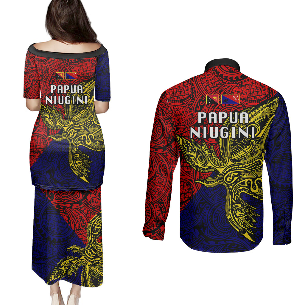 Papua New Guinea Central Province Couples Matching Puletasi Dress and Long Sleeve Button Shirts PNG Birds Of Paradise Polynesian Arty Style LT03 - Polynesian Pride