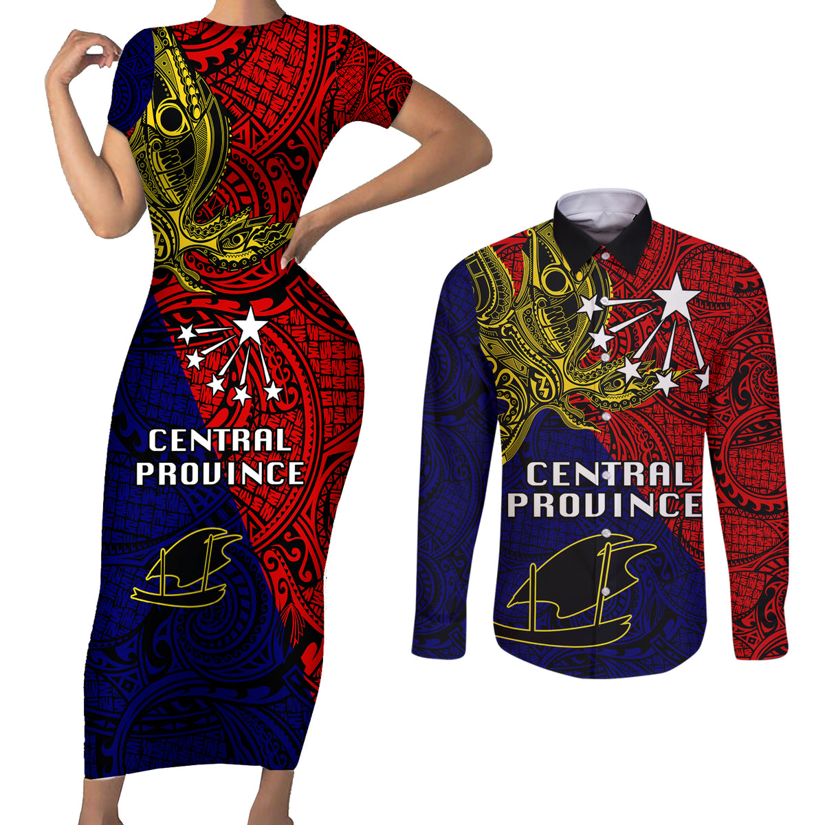 Papua New Guinea Central Province Couples Matching Short Sleeve Bodycon Dress and Long Sleeve Button Shirts PNG Birds Of Paradise Polynesian Arty Style LT03 Red - Polynesian Pride