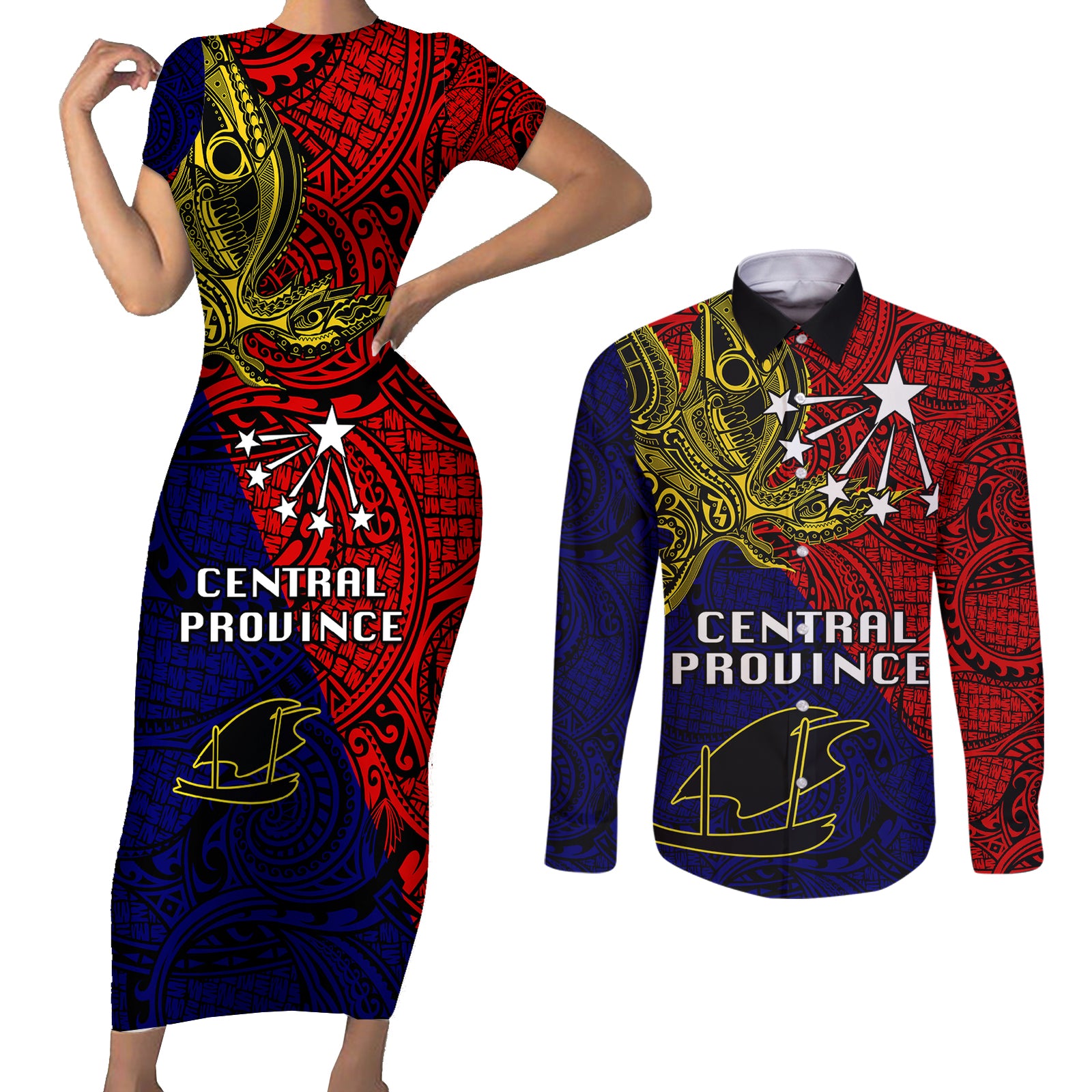 Papua New Guinea Central Province Couples Matching Short Sleeve Bodycon Dress and Long Sleeve Button Shirts PNG Birds Of Paradise Polynesian Arty Style LT03 Red - Polynesian Pride