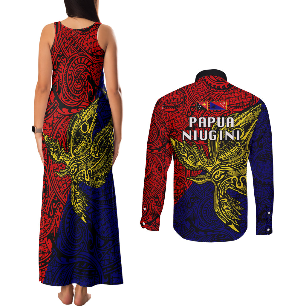 Papua New Guinea Central Province Couples Matching Tank Maxi Dress and Long Sleeve Button Shirts PNG Birds Of Paradise Polynesian Arty Style LT03 - Polynesian Pride