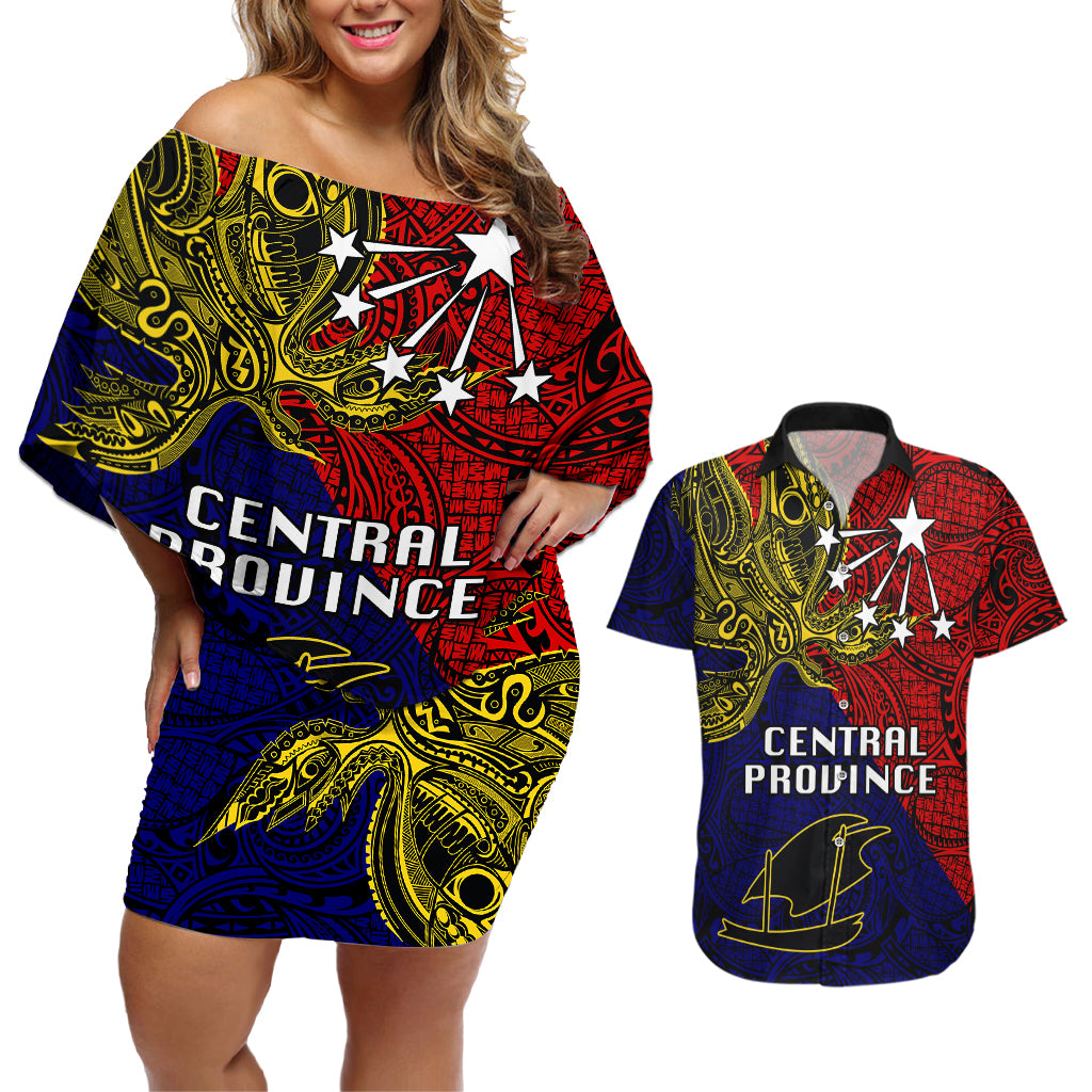 Custom Papua New Guinea Central Province Couples Matching Off Shoulder Short Dress and Hawaiian Shirt PNG Birds Of Paradise Polynesian Arty Style LT03 Red - Polynesian Pride