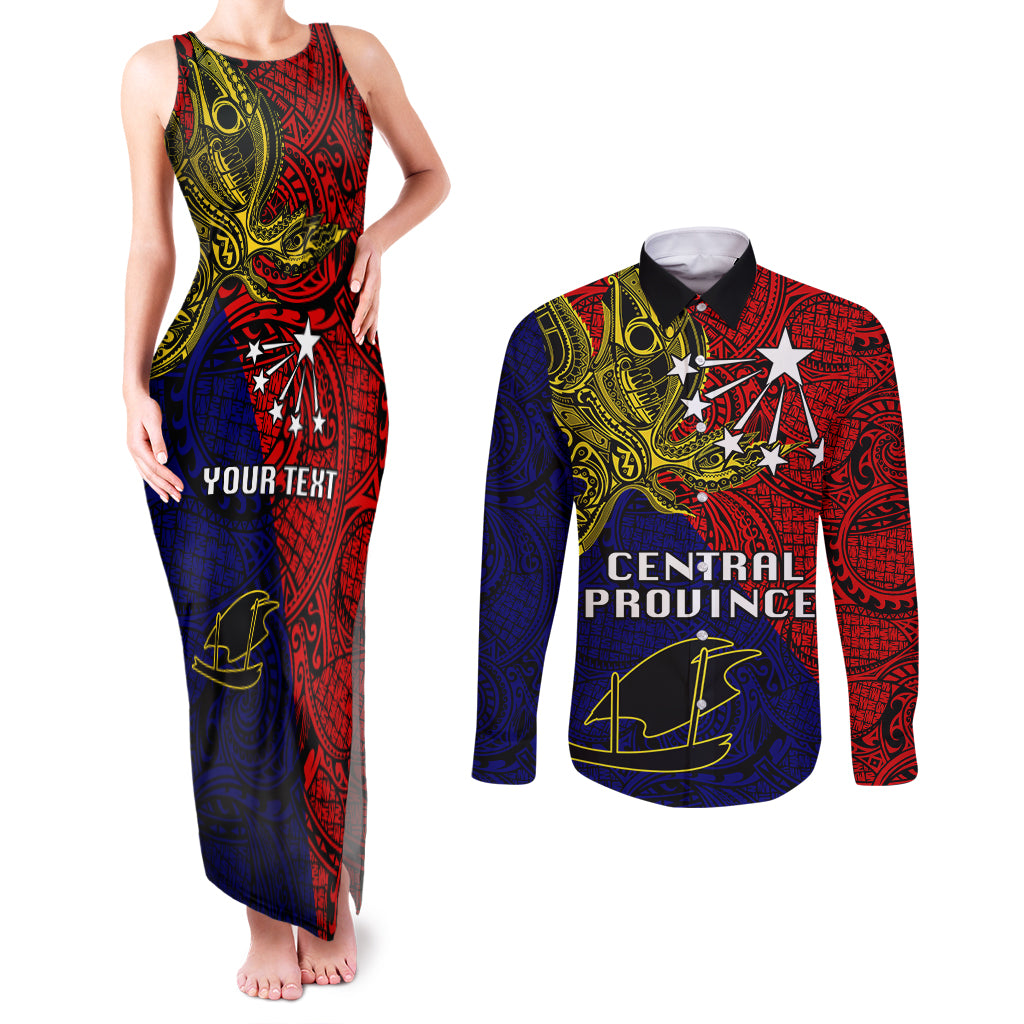 Custom Papua New Guinea Central Province Couples Matching Tank Maxi Dress and Long Sleeve Button Shirts PNG Birds Of Paradise Polynesian Arty Style LT03 Red - Polynesian Pride