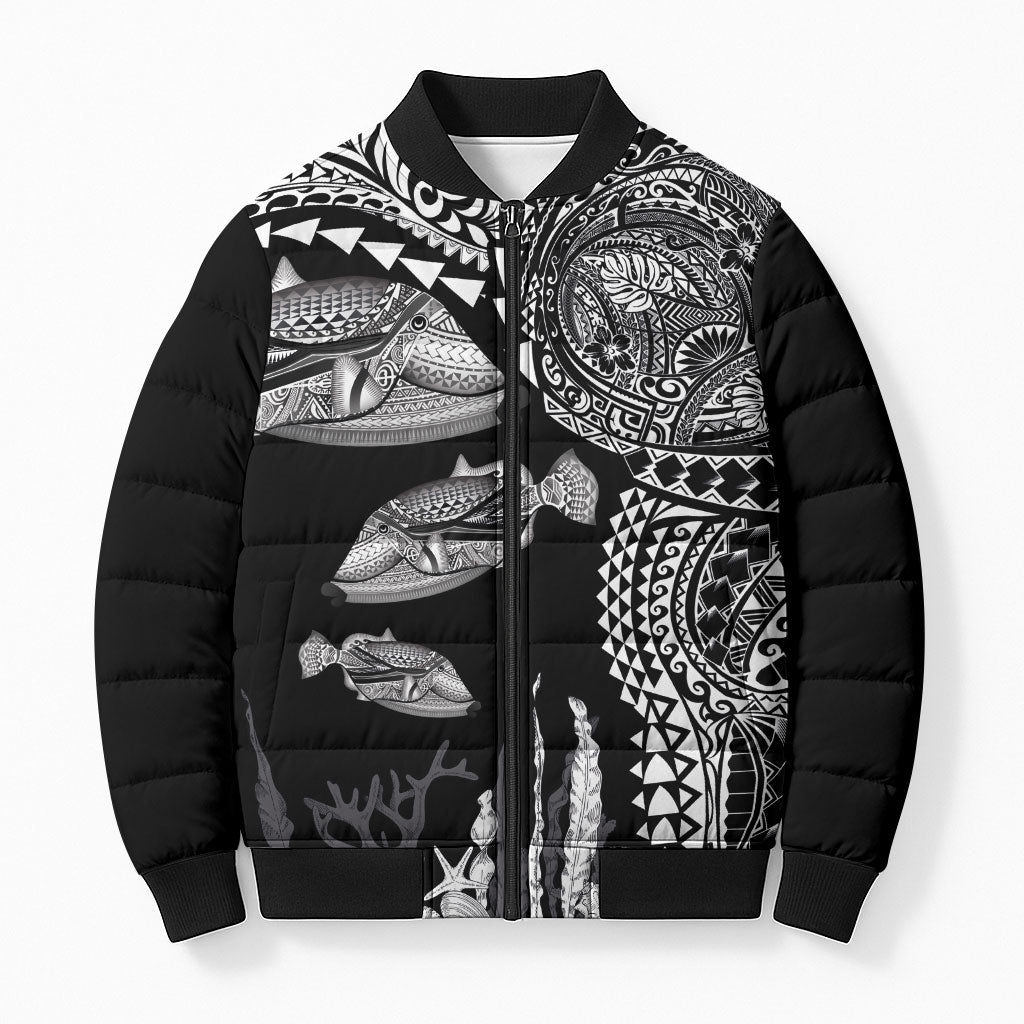 Hawaiian Reef Triggerfish Bomber Puffer Jacket Polynesian Art with Tribal Humuhumunukunukuapua'a LT03 Unisex Black - Polynesian Pride