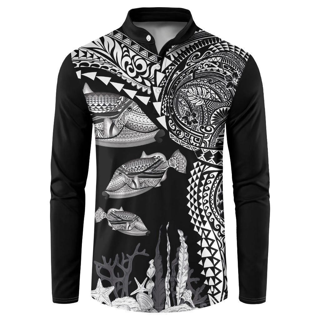 Hawaiian Reef Triggerfish Button Sweatshirt Polynesian Art with Tribal Humuhumunukunukuapua'a LT03 Black - Polynesian Pride