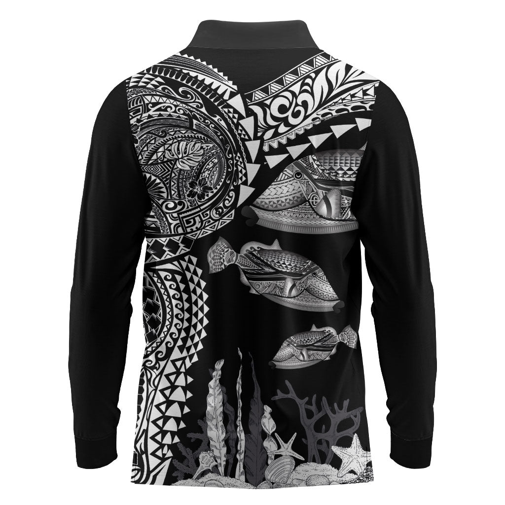 Hawaiian Reef Triggerfish Long Sleeve Polo Shirt Polynesian Art with Tribal Humuhumunukunukuapua'a LT03 - Polynesian Pride