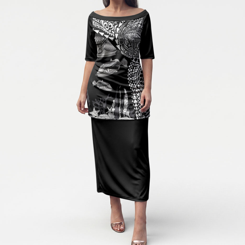 Hawaiian Reef Triggerfish Puletasi Polynesian Art with Tribal Humuhumunukunukuapua'a LT03 Long Dress Black - Polynesian Pride