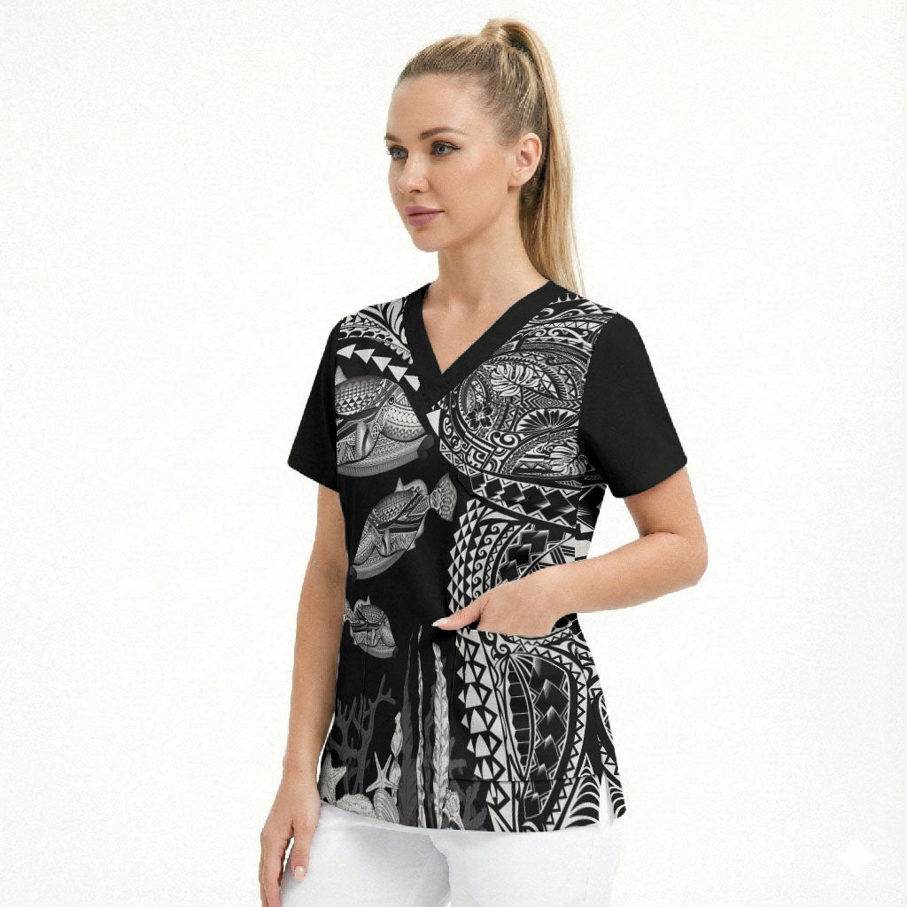 Hawaiian Reef Triggerfish Scrub Top Polynesian Art with Tribal Humuhumunukunukuapua'a LT03 - Polynesian Pride