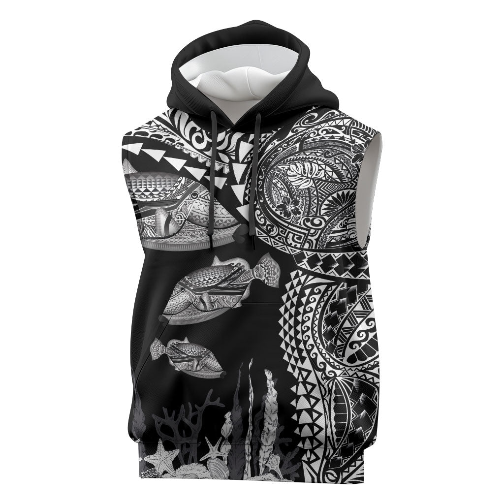 Hawaiian Reef Triggerfish Sleeveless Hoodie Polynesian Art with Tribal Humuhumunukunukuapua'a LT03 Black - Polynesian Pride