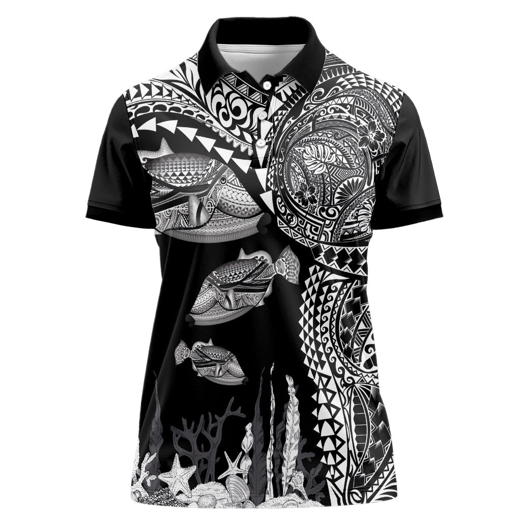 Hawaiian Reef Triggerfish Women Polo Shirt Polynesian Art with Tribal Humuhumunukunukuapua'a LT03 Female Black - Polynesian Pride