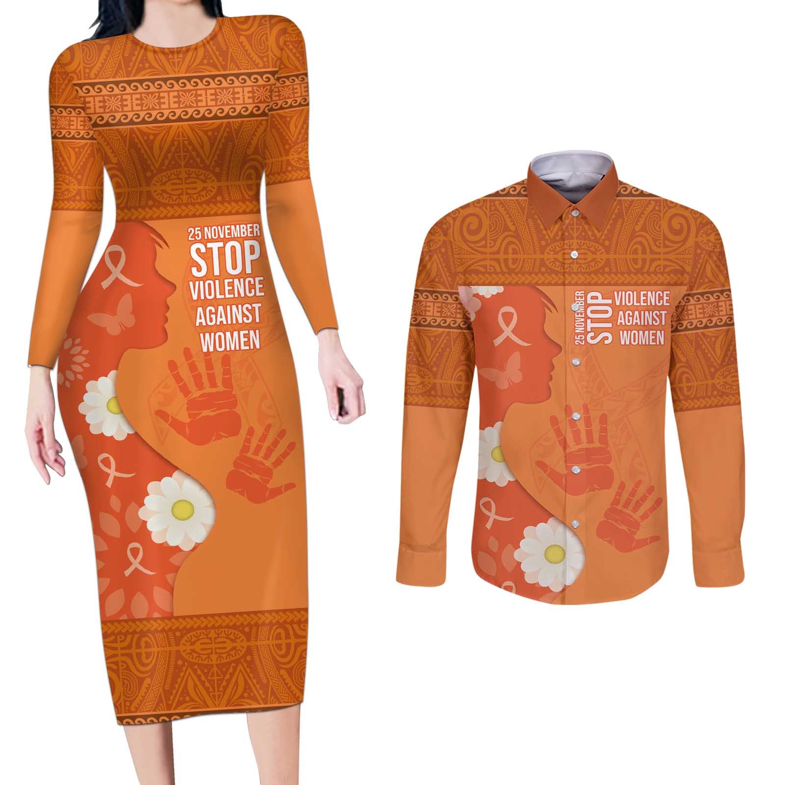 International Day for the Elimination of Violence Against Women Couples Matching Long Sleeve Bodycon Dress and Long Sleeve Button Shirt Polynesian Pattern