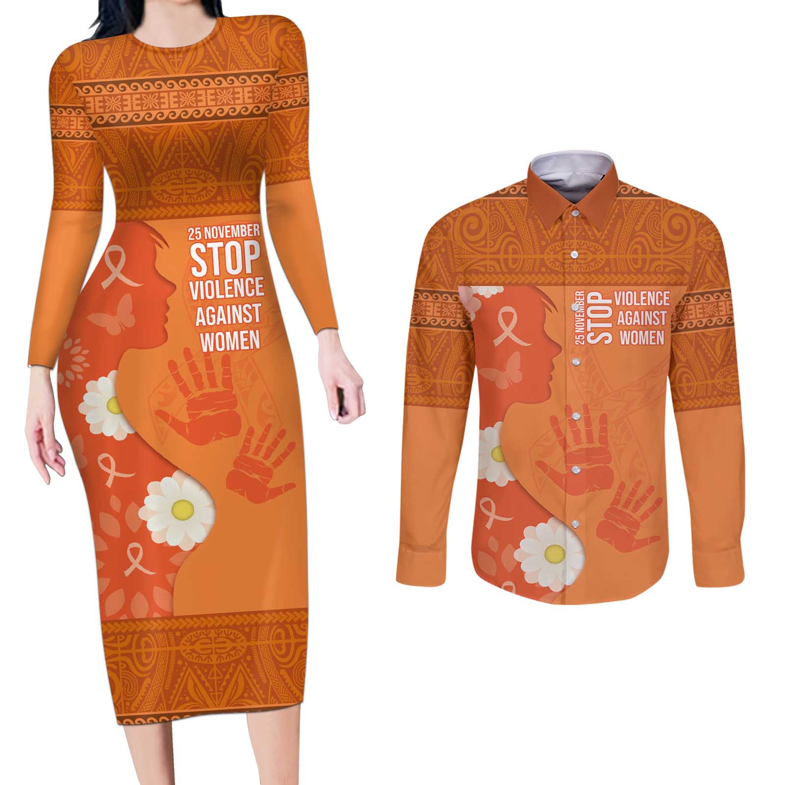 International Day for the Elimination of Violence Against Women Couples Matching Long Sleeve Bodycon Dress and Long Sleeve Button Shirt Polynesian Pattern
