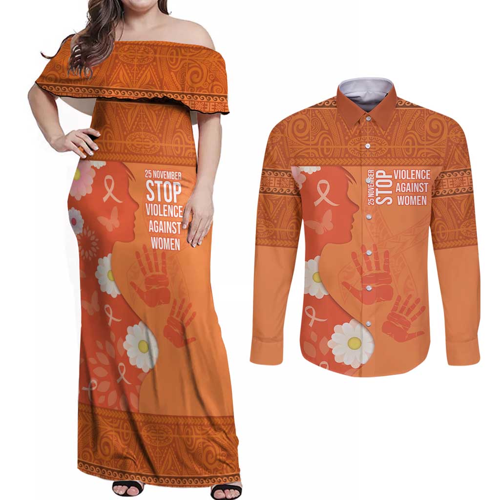 International Day for the Elimination of Violence Against Women Couples Matching Off Shoulder Maxi Dress and Long Sleeve Button Shirt Polynesian Pattern