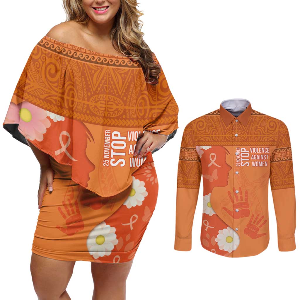 International Day for the Elimination of Violence Against Women Couples Matching Off Shoulder Short Dress and Long Sleeve Button Shirt Polynesian Pattern