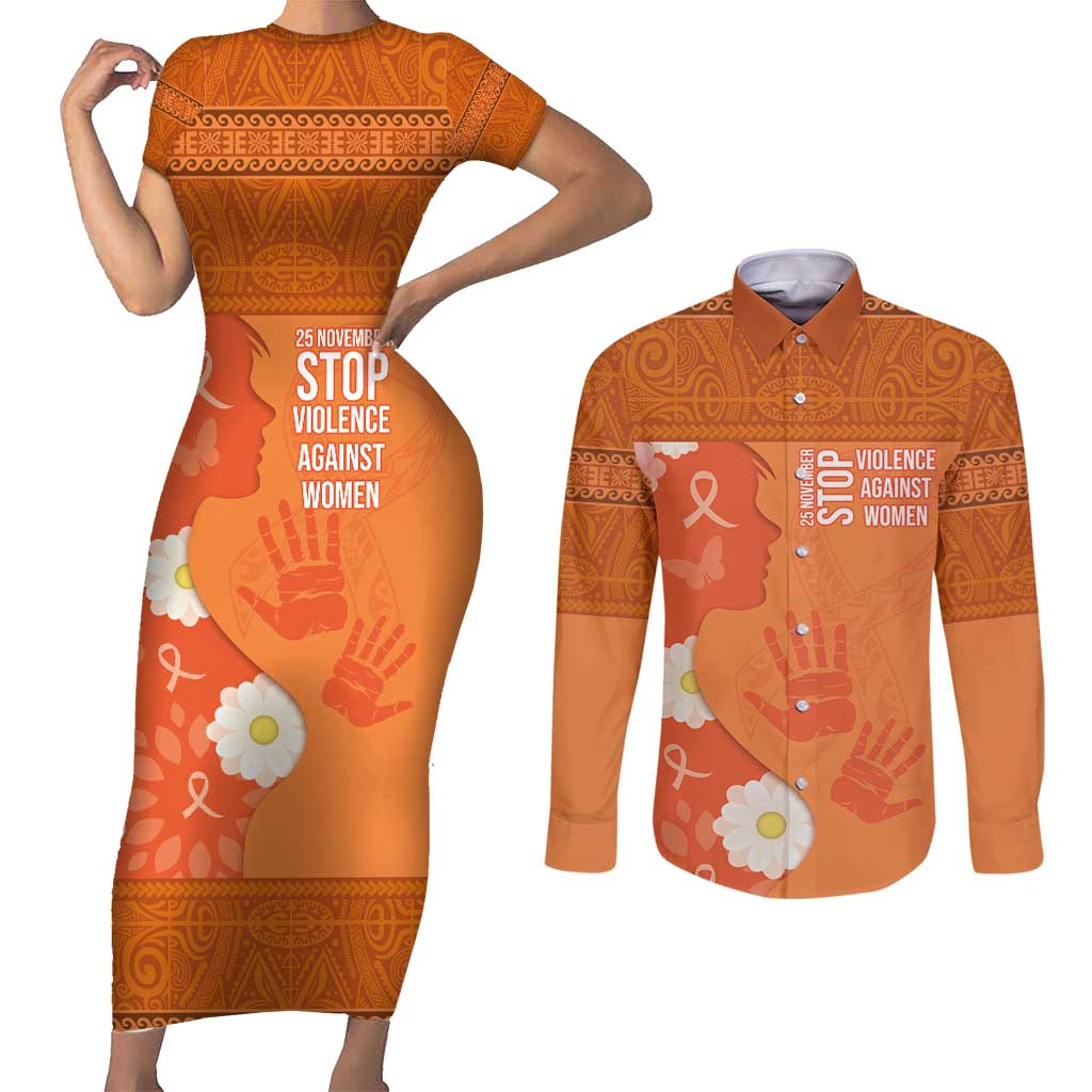 International Day for the Elimination of Violence Against Women Couples Matching Short Sleeve Bodycon Dress and Long Sleeve Button Shirt Polynesian Pattern