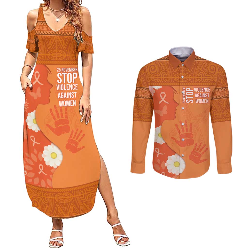 International Day for the Elimination of Violence Against Women Couples Matching Summer Maxi Dress and Long Sleeve Button Shirt Polynesian Pattern