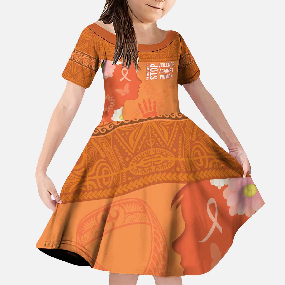 International Day for the Elimination of Violence Against Women Kid Short Sleeve Dress Polynesian Pattern LT03 KID Orange - Polynesian Pride