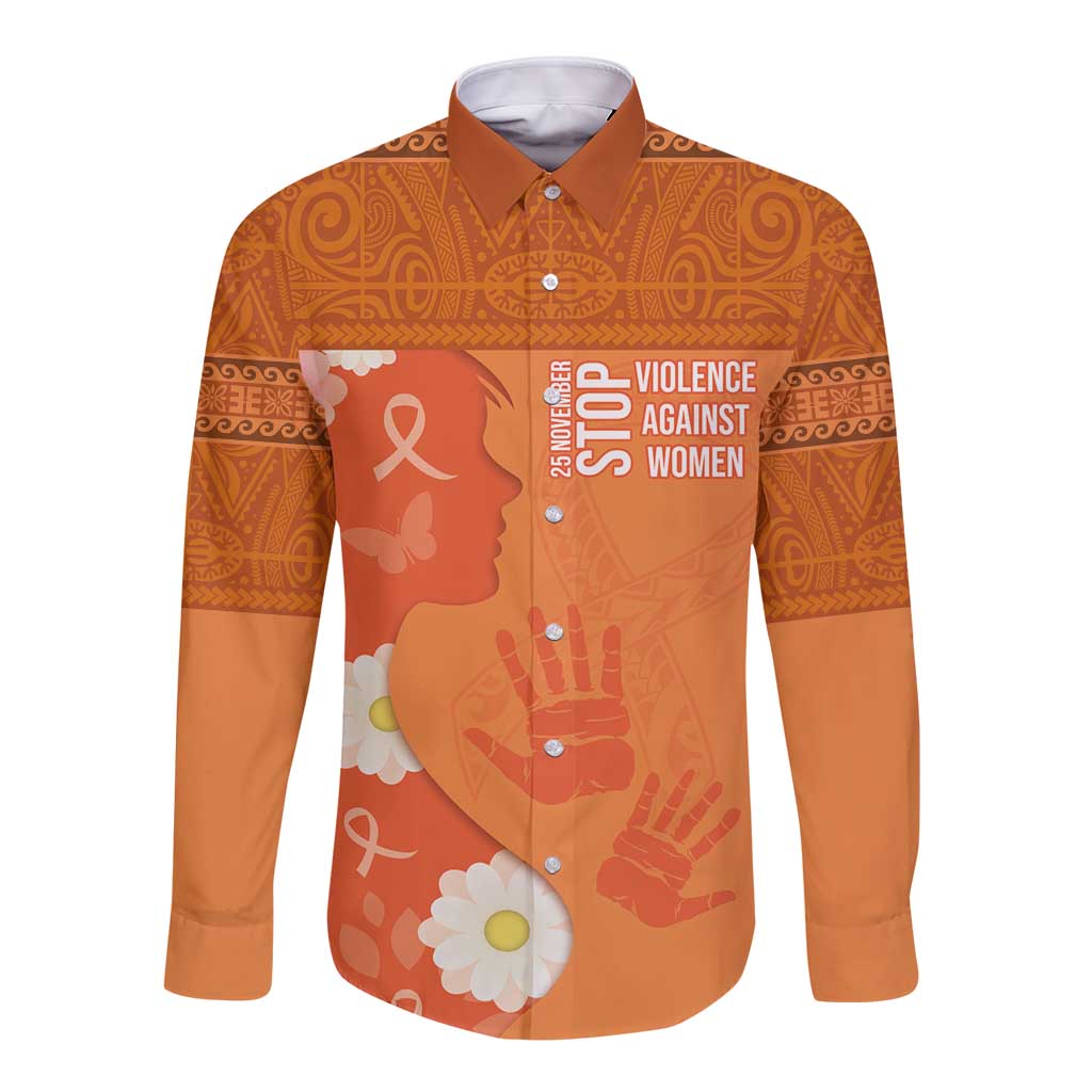 International Day for the Elimination of Violence Against Women Long Sleeve Button Shirt Polynesian Pattern LT03 Unisex Orange - Polynesian Pride
