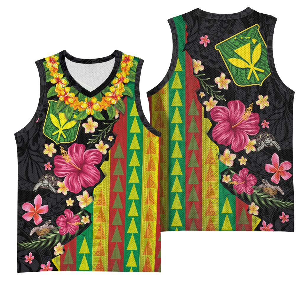Hawaiian Independence Day Basketball Jersey Kanaka Maoli Symbols With Tapa Motifs and Tropical Plants - Polynesian Pride