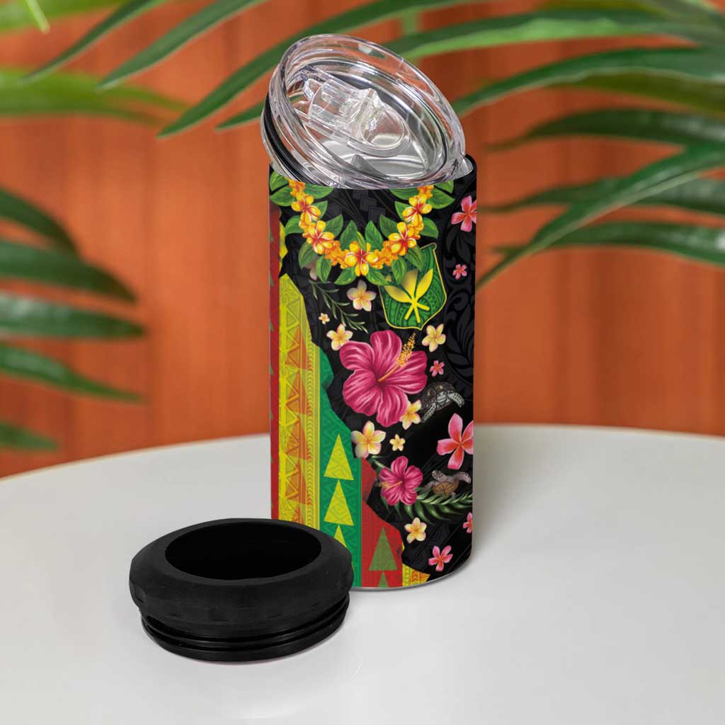 Hawaiian Independence Day 4 in 1 Can Cooler Tumbler Kanaka Maoli Symbols With Tapa Motifs and Tropical Plants - Polynesian Pride