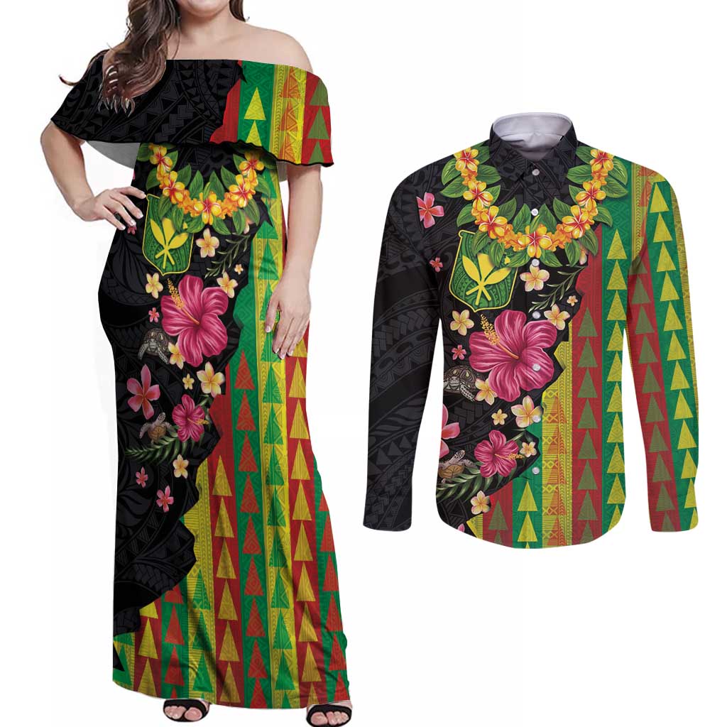 Hawaiian Independence Day Couples Matching Off Shoulder Maxi Dress and Long Sleeve Button Shirt Kanaka Maoli Symbols With Tapa Motifs and Tropical Plants - Polynesian Pride