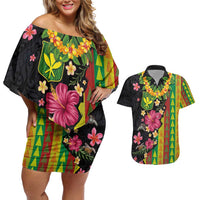 Hawaiian Independence Day Couples Matching Off Shoulder Short Dress and Hawaiian Shirt Kanaka Maoli Symbols With Tapa Motifs and Tropical Plants LT03 Black - Polynesian Pride