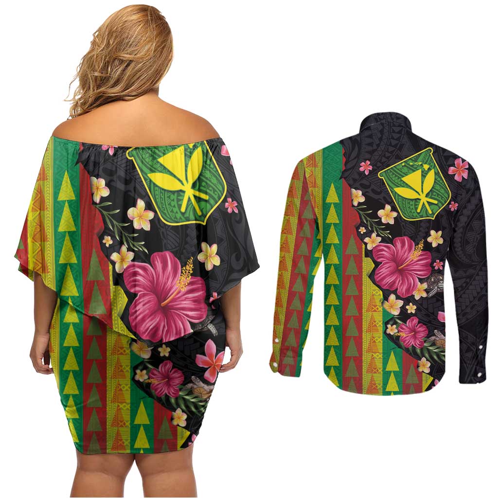 Hawaiian Independence Day Couples Matching Off Shoulder Short Dress and Long Sleeve Button Shirt Kanaka Maoli Symbols With Tapa Motifs and Tropical Plants - Polynesian Pride
