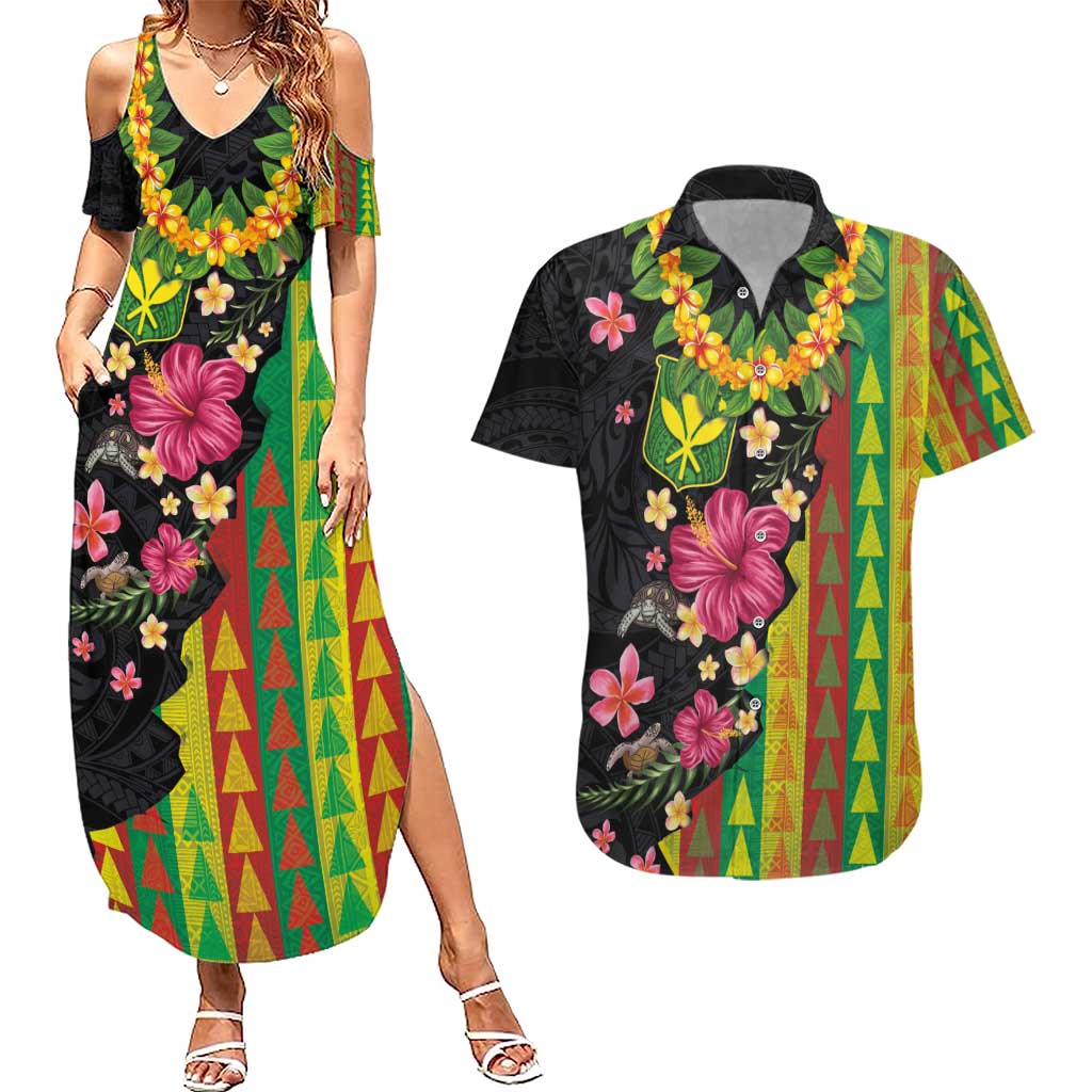 Hawaiian Independence Day Couples Matching Summer Maxi Dress and Hawaiian Shirt Kanaka Maoli Symbols With Tapa Motifs and Tropical Plants LT03 Black - Polynesian Pride
